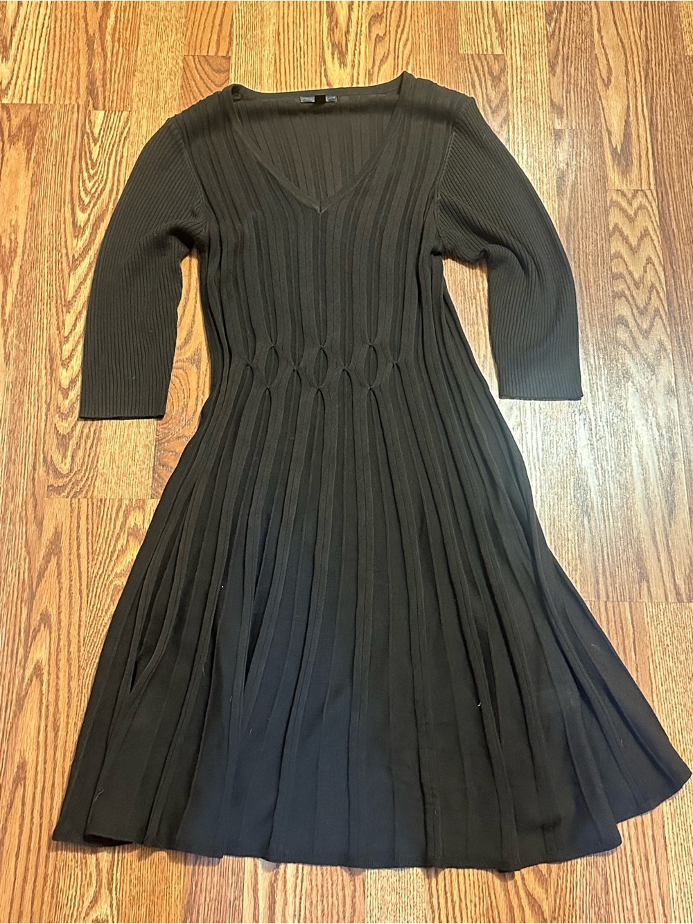 Connected Apparel XL Brown Ribbed Knit Sweater Dress V-Neck 3/4 Sleeve A-Line
